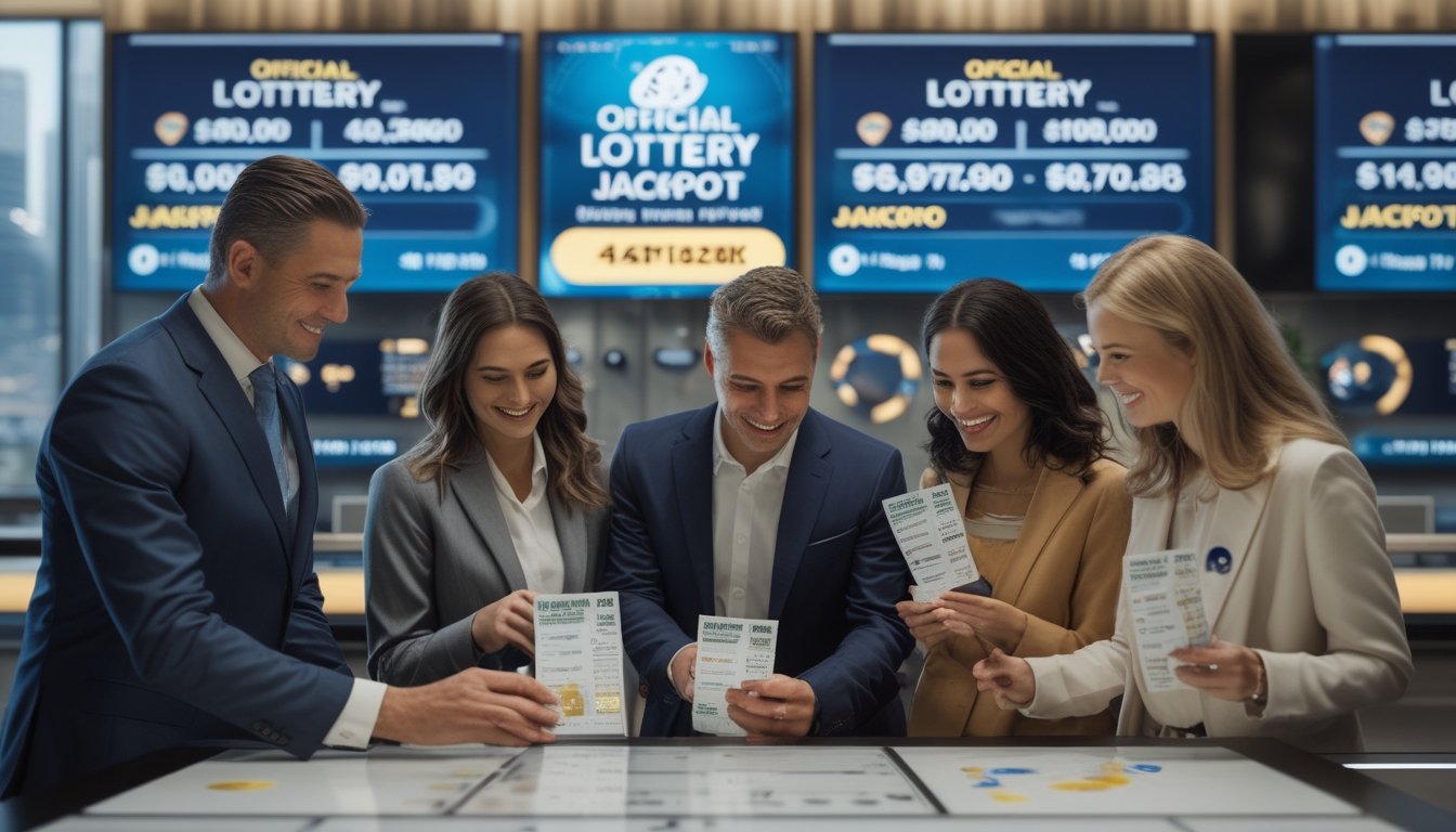 Seorang agen taruhan togel sedang membantu pelanggan di kantor modern dengan layar digital dan pemandangan kota Sydney di latar belakang.