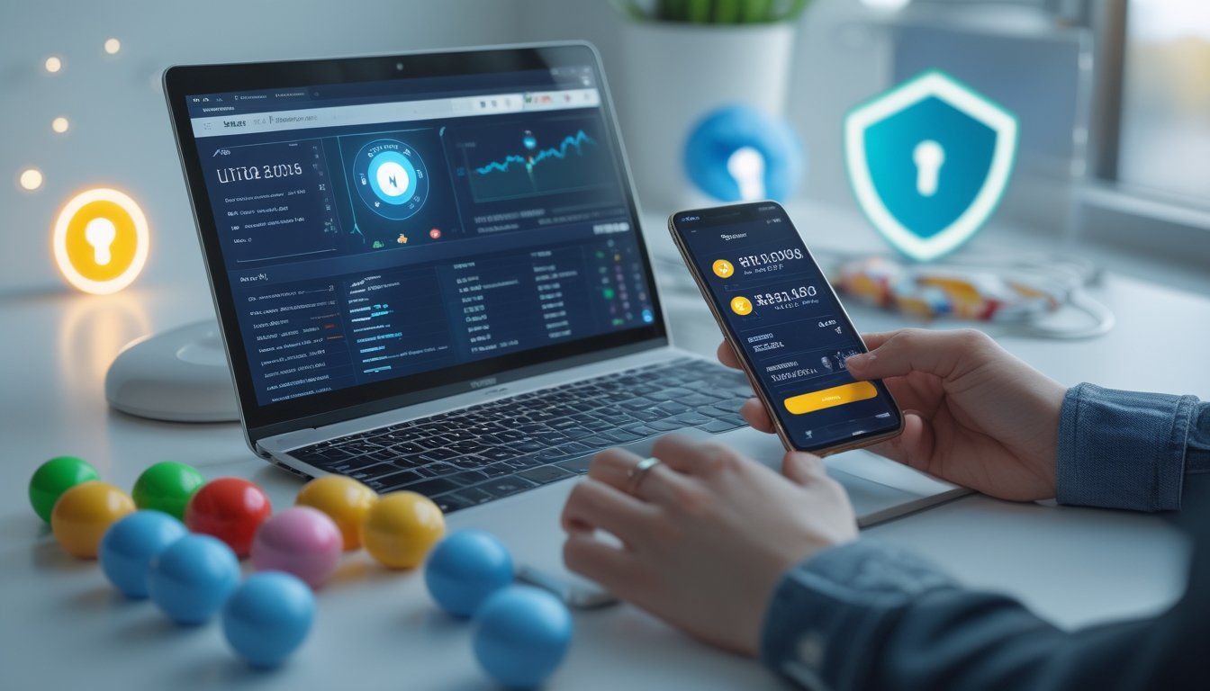 Seseorang menggunakan laptop dan ponsel dengan tampilan aplikasi taruhan lotere, dikelilingi bola lotere berwarna-warni di meja kerja yang rapi.