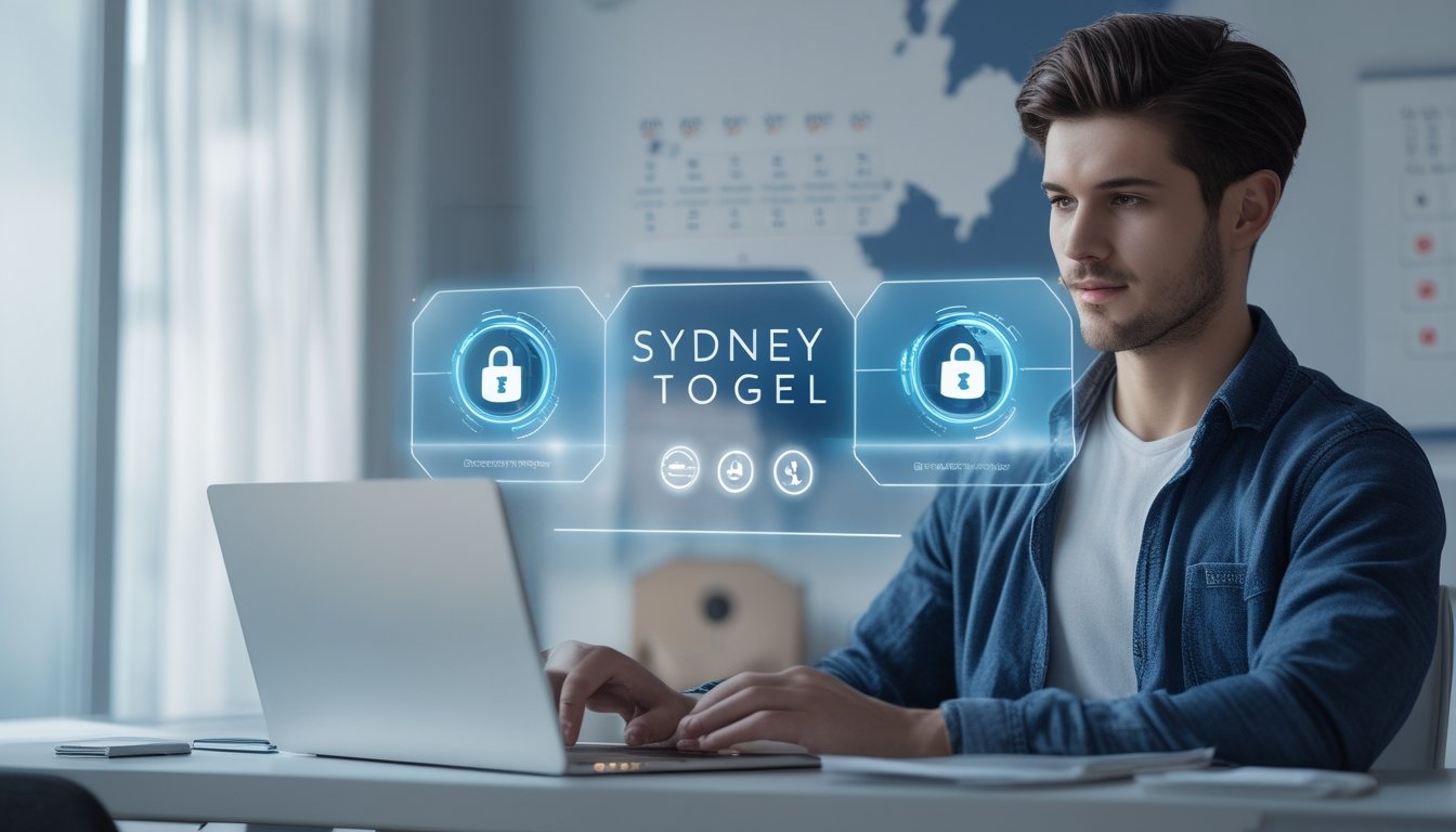 Seseorang menggunakan laptop dan ponsel di ruang kerja modern dengan latar belakang peta Sydney dan ikon digital yang menunjukkan transaksi e-wallet cepat dan aman.