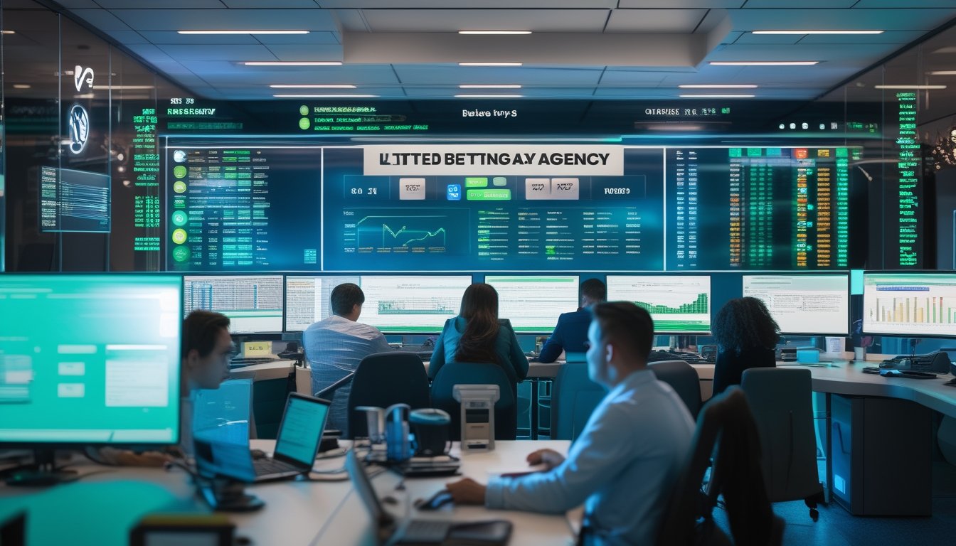 Orang-orang di kantor agen taruhan yang sedang melihat layar digital dengan hasil undian dan data peluang secara langsung.