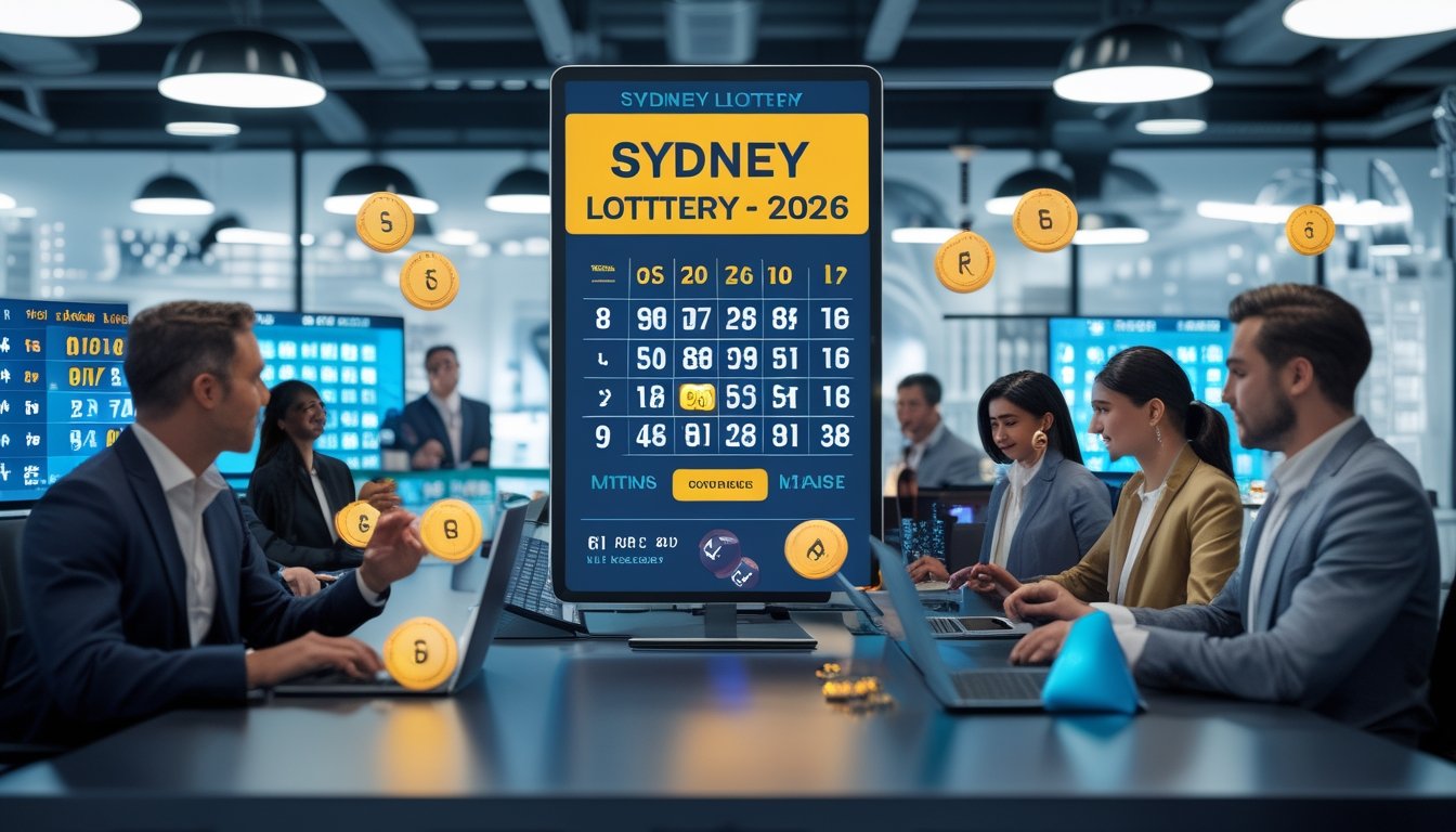 Orang-orang di kantor modern sedang memeriksa hasil lotere Sydney secara langsung dengan layar digital dan perangkat elektronik.