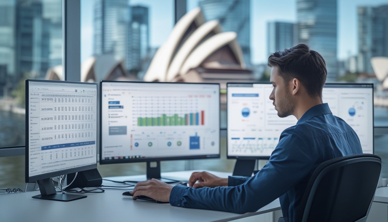 Seorang dewasa muda duduk di meja kerja dengan beberapa layar komputer menampilkan angka dan grafik togel, latar belakang kota Sydney dengan gedung opera terlihat samar.