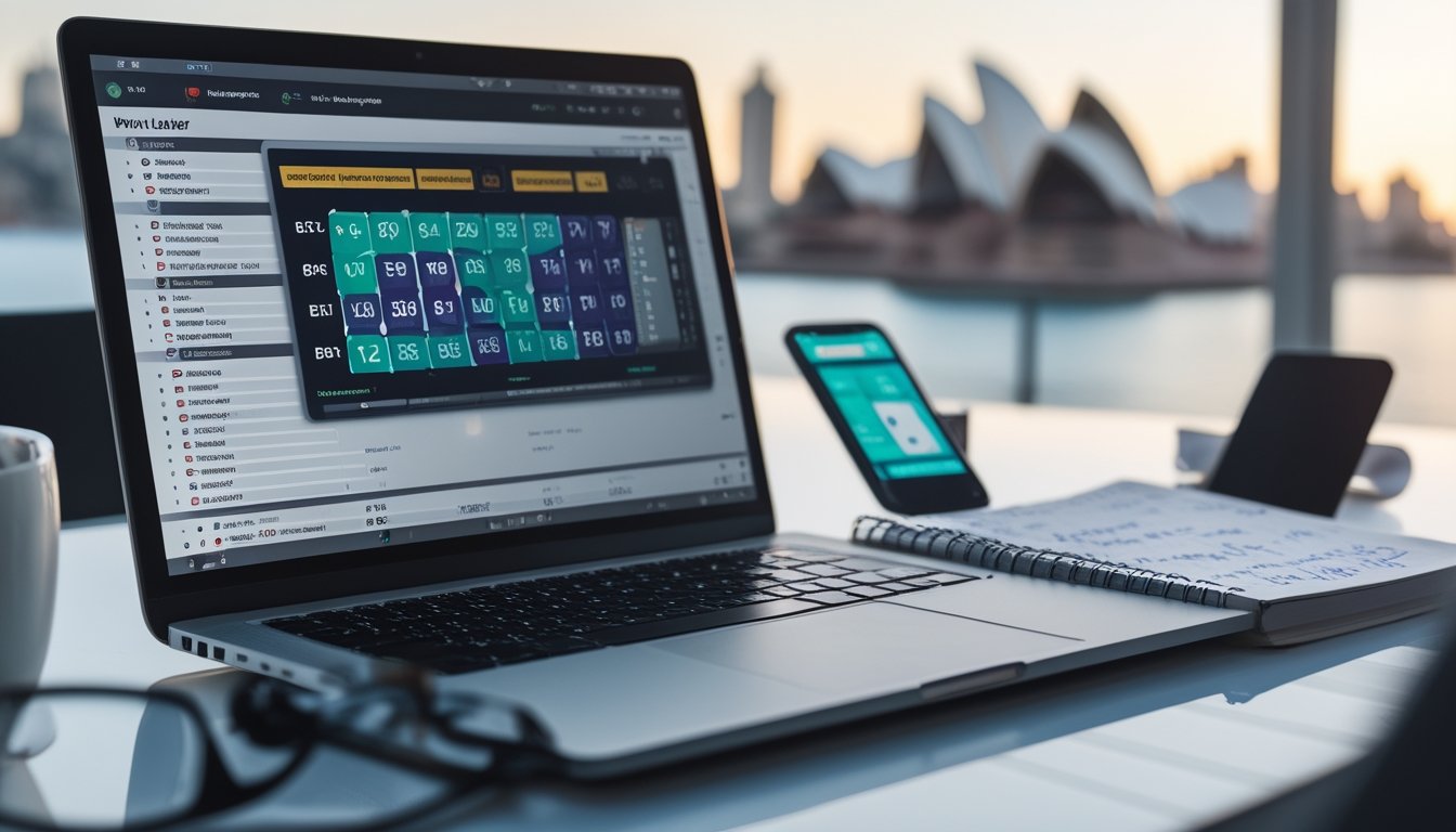 Meja kerja modern dengan laptop, ponsel, dan alat tulis, menampilkan suasana taruhan togel online dengan latar belakang kota Sydney.