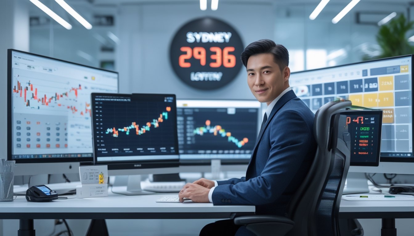 Seorang agen taruhan duduk di kantor modern dengan beberapa layar komputer yang menampilkan grafik dan ikon pembayaran digital, menunjukkan layanan otomatis 24 jam.