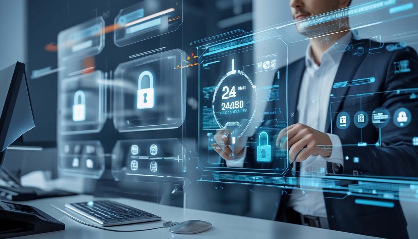 Seseorang sedang menggunakan antarmuka digital dengan layar holografik yang menampilkan sistem pembayaran otomatis dan simbol keamanan data.