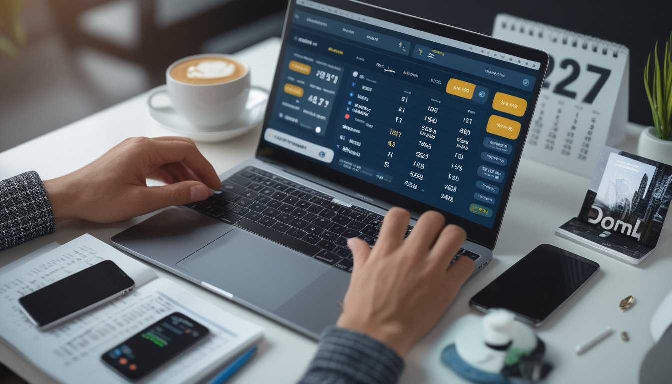 Orang sedang menggunakan laptop dengan tampilan angka togel dan grafik, dikelilingi catatan dan ponsel di meja kerja yang rapi.