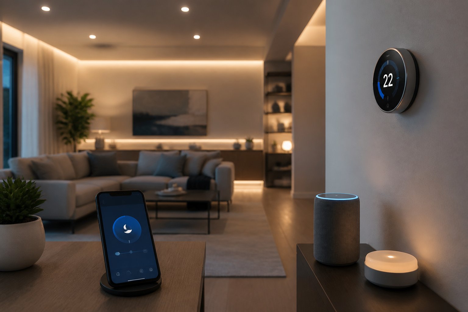 A modern living room with smart lighting, a digital thermostat, and a smartphone showing 'Do Not Disturb' mode activated.