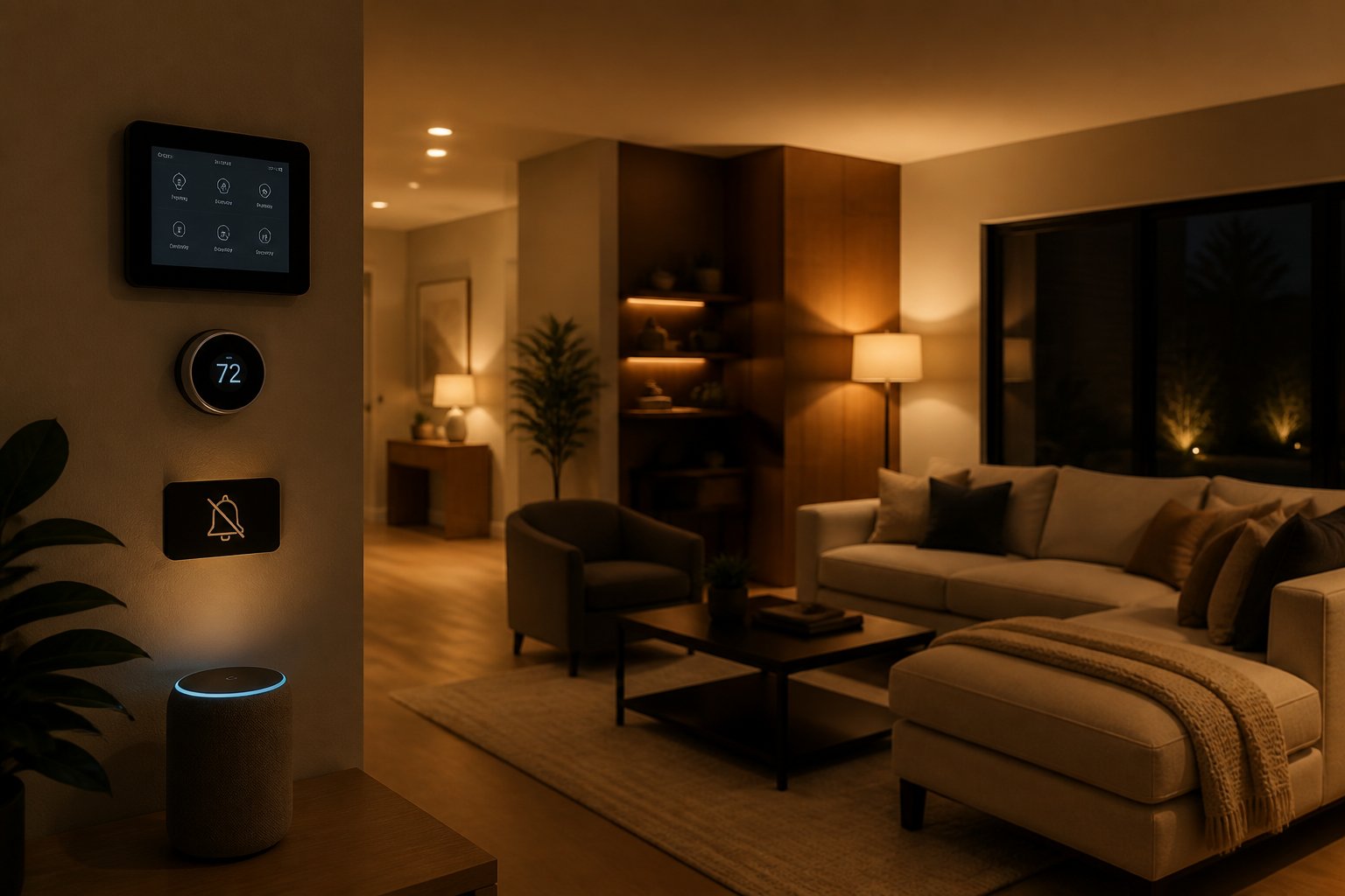A cozy living room at night with warm smart lighting, a smart thermostat on the wall, and a voice assistant device, showing a safe and comfortable home environment.