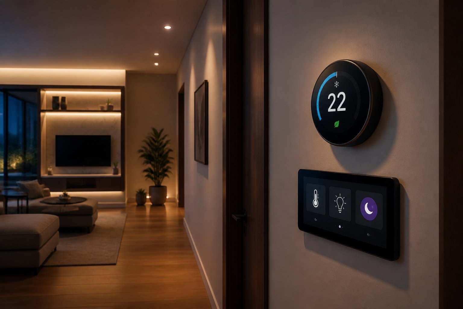 A modern home interior at night with a smart thermostat and automated lighting creating a safe and comfortable atmosphere.