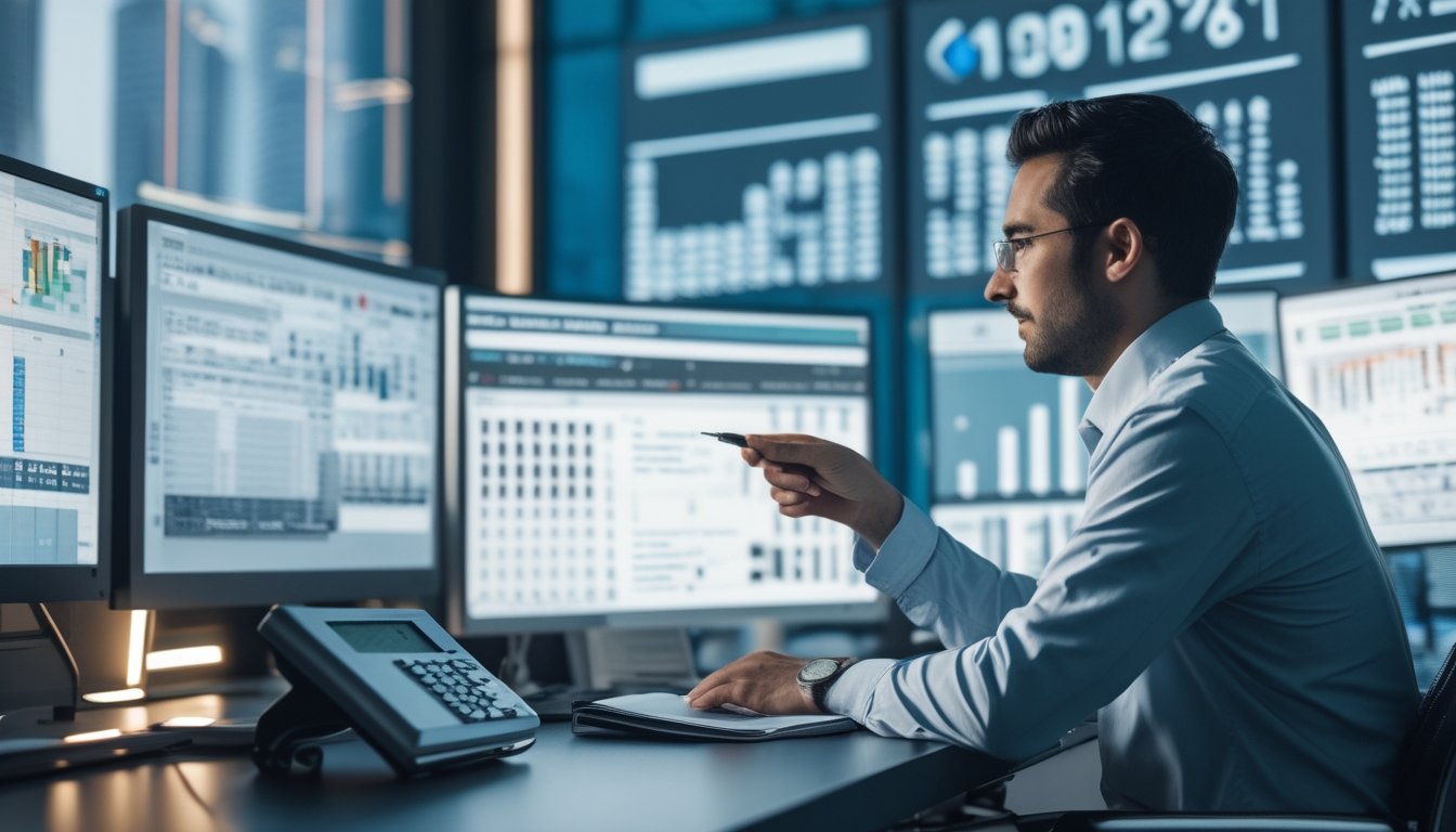 Seorang pria sedang menganalisis data angka di depan komputer di kantor modern dengan pemandangan kota di latar belakang.