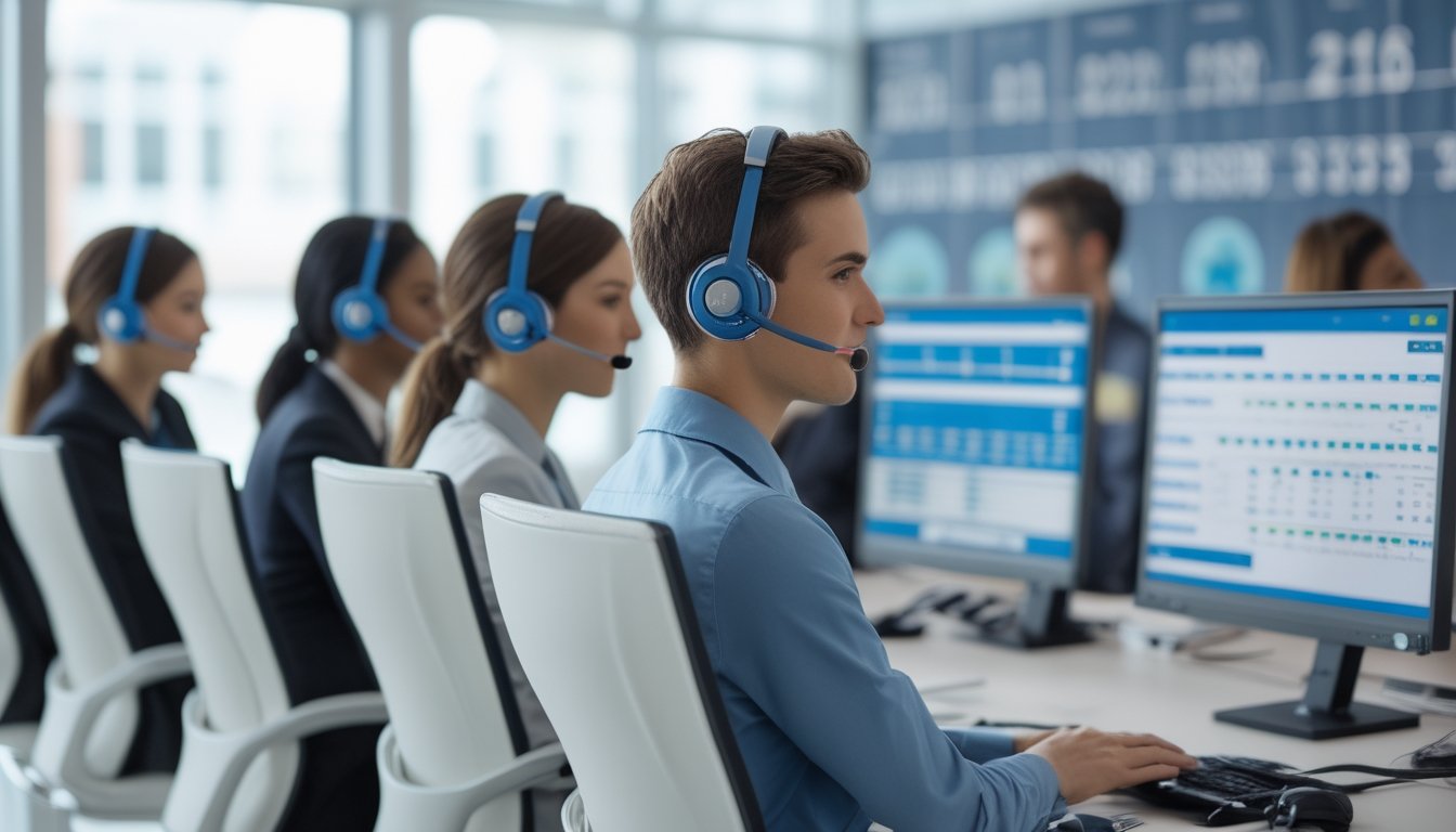 Tim layanan pelanggan profesional sedang bekerja di kantor modern dengan komputer dan headset, membantu pelanggan terkait taruhan togel.