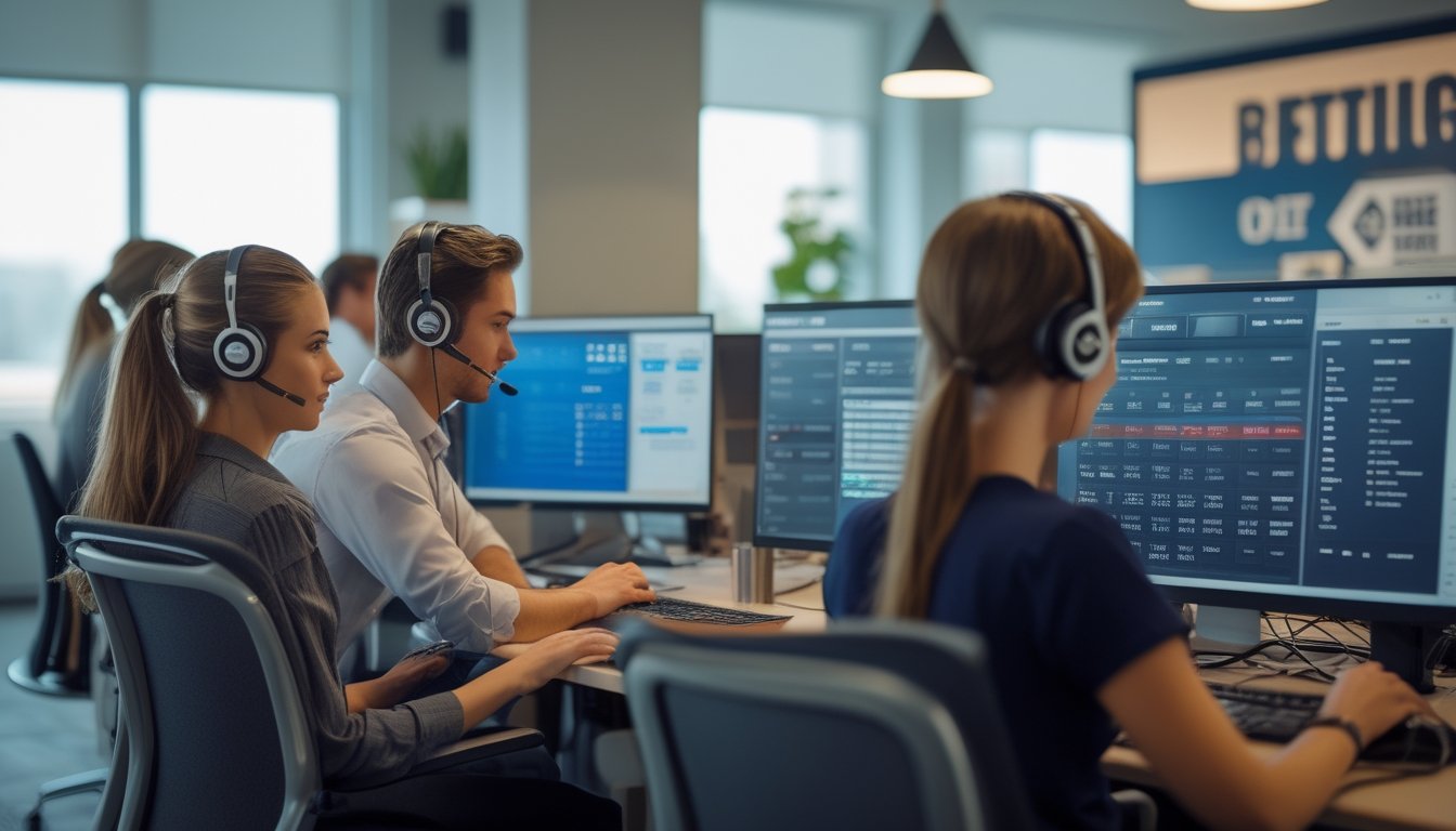 Tim layanan pelanggan profesional sedang bekerja di kantor modern dengan komputer dan headset, membantu pelanggan secara online.