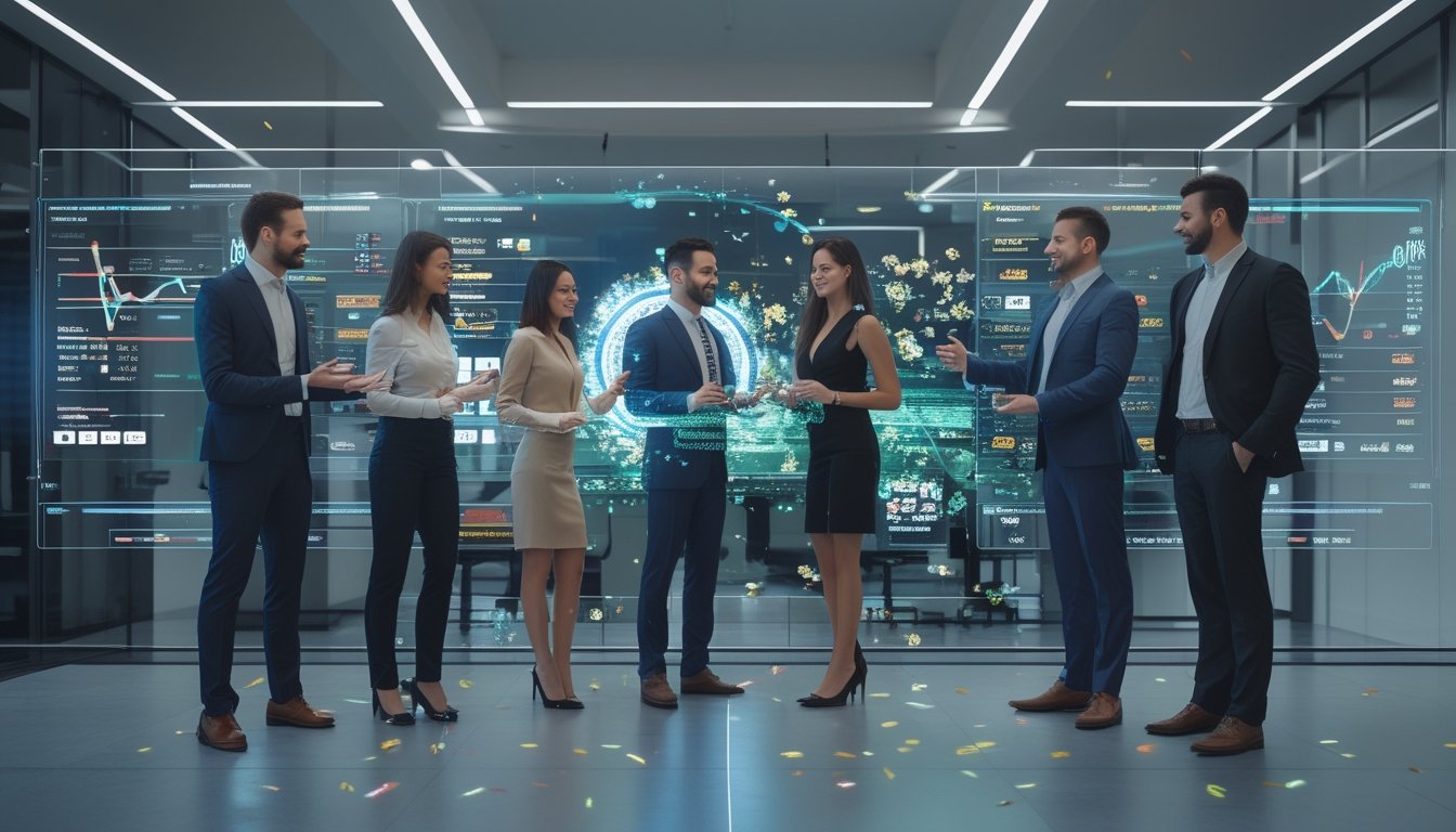 Sekelompok orang berinteraksi dengan layar digital futuristik di kantor modern yang cerah, menunjukkan suasana agen taruhan online yang terpercaya dan canggih.
