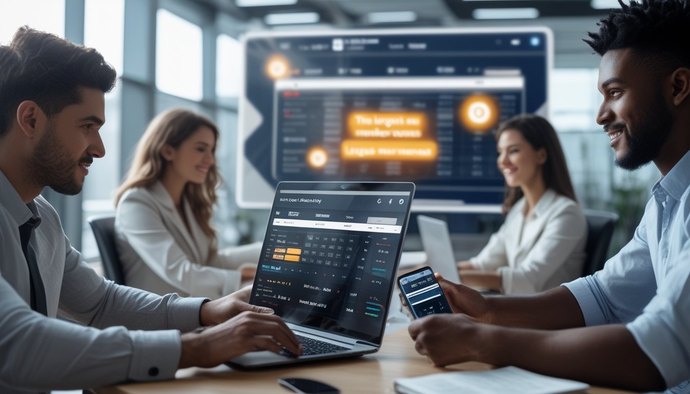 Orang-orang menggunakan perangkat digital di kantor modern yang mewakili agen taruhan online terpercaya dengan suasana profesional dan teknologi canggih.