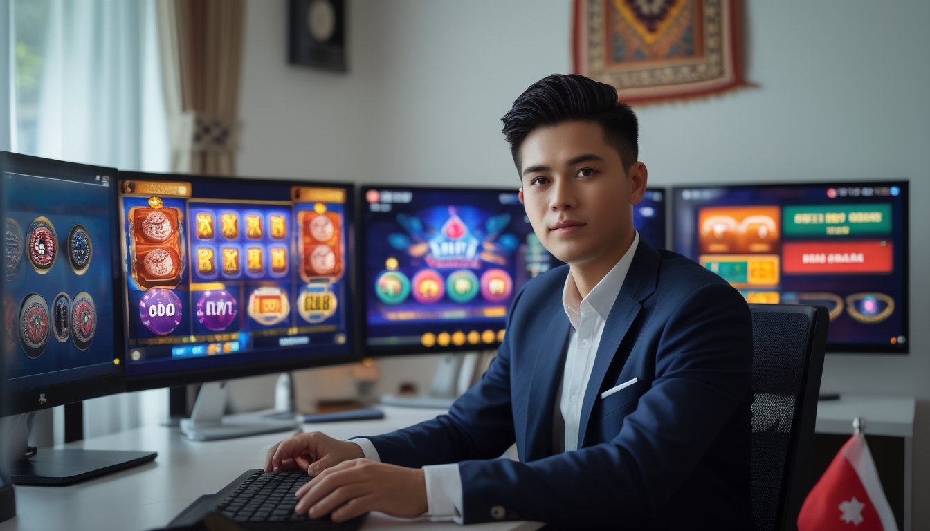 Seorang pria muda Indonesia duduk di depan komputer dengan layar yang menampilkan permainan kasino online, di ruangan yang terang dan rapi dengan elemen budaya Indonesia.