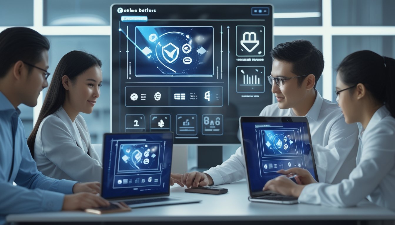 Orang-orang menggunakan perangkat digital dalam ruangan modern yang menampilkan antarmuka platform judi online yang aman dan terpercaya.
