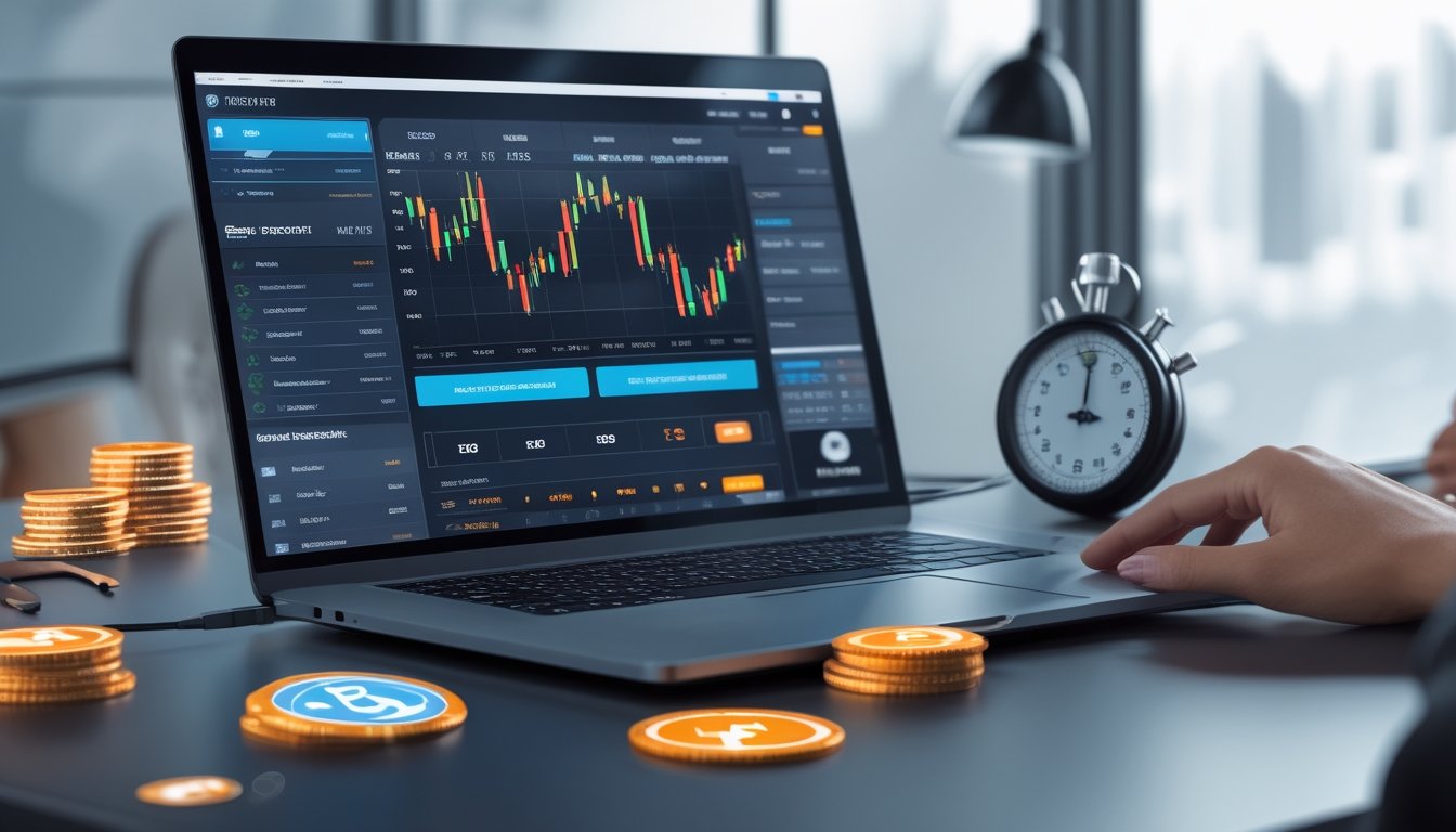 Meja kerja modern dengan laptop yang menampilkan situs taruhan online, smartphone dengan aplikasi pembayaran, dan ikon transaksi digital yang melambangkan proses cepat dan deposit murah.