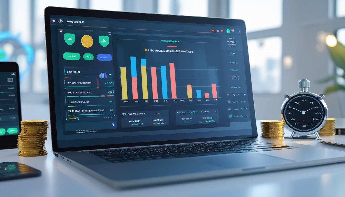 Meja kerja modern dengan laptop yang menampilkan antarmuka taruhan online, dikelilingi oleh koin digital, ponsel dengan aplikasi pembayaran, dan stopwatch.