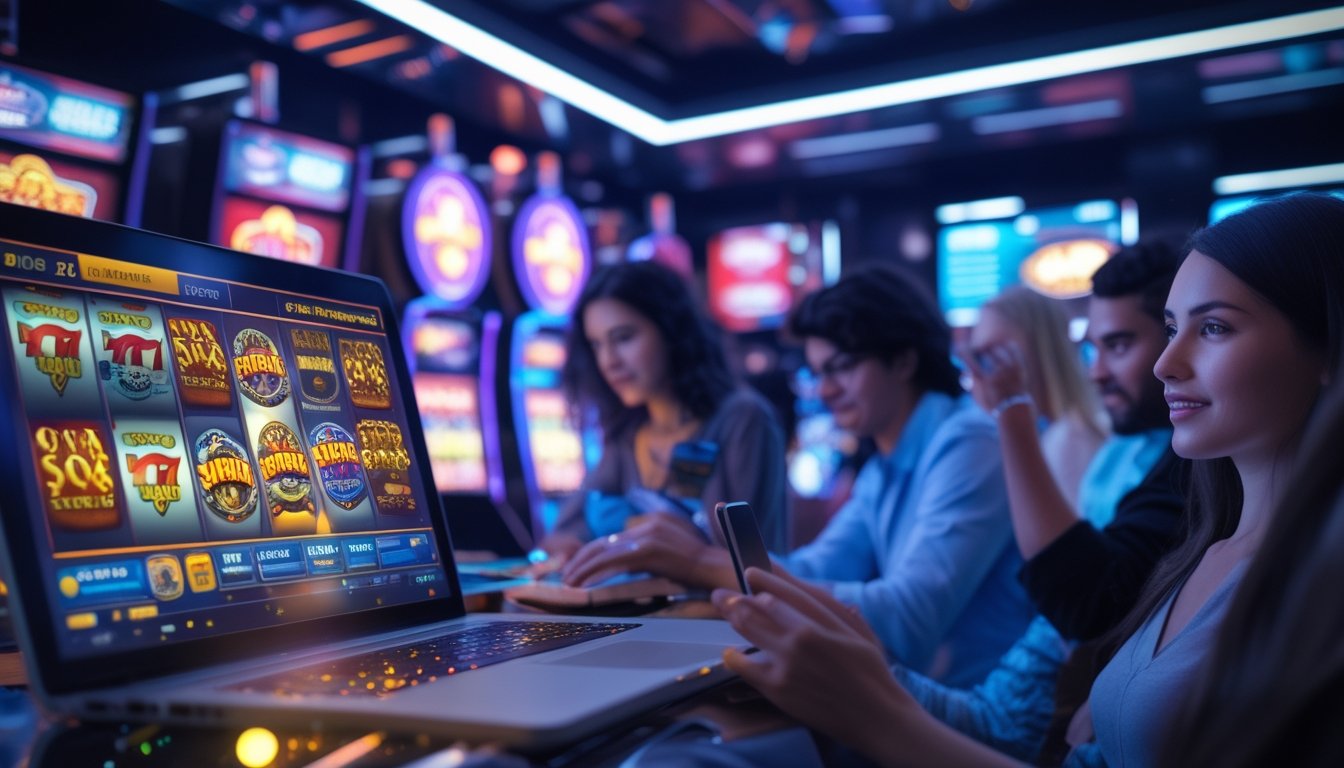 Orang-orang menggunakan perangkat digital untuk bermain slot, kasino, dan taruhan olahraga secara online dalam suasana modern dan futuristik.