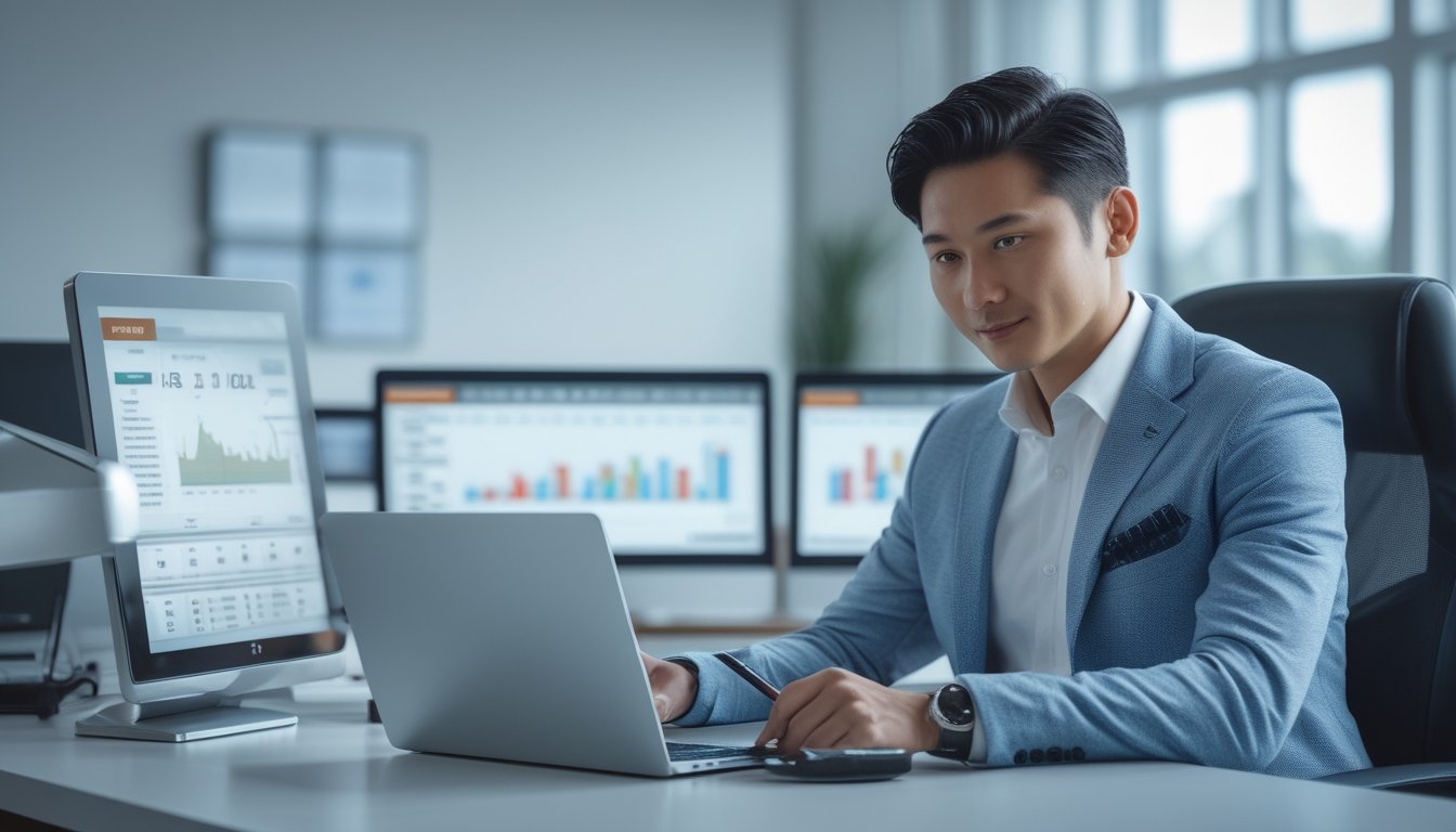 Seorang pria Asia Tenggara duduk di meja kantor modern sambil melihat layar komputer dengan grafik dan data taruhan online.