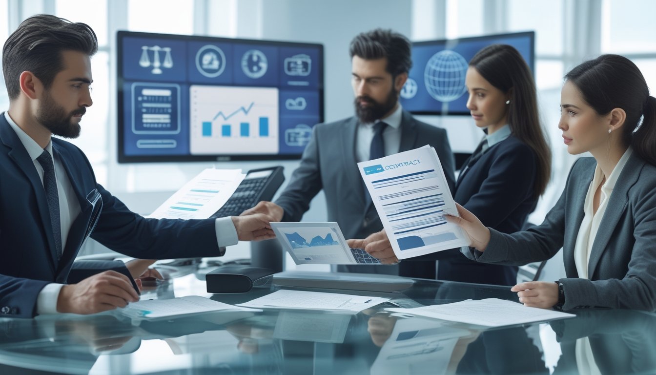 Sekelompok profesional bisnis sedang meninjau dokumen resmi di ruang kantor modern dengan layar komputer yang menampilkan ikon hukum dan grafik.