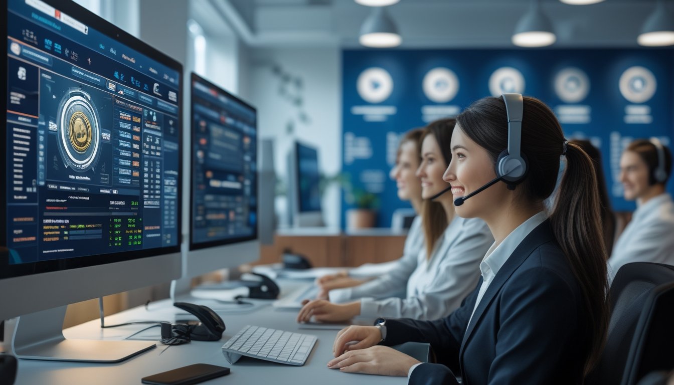 Suasana kantor modern dengan tim layanan pelanggan yang sedang bekerja memberikan dukungan nonstop untuk agen judi online terpercaya.