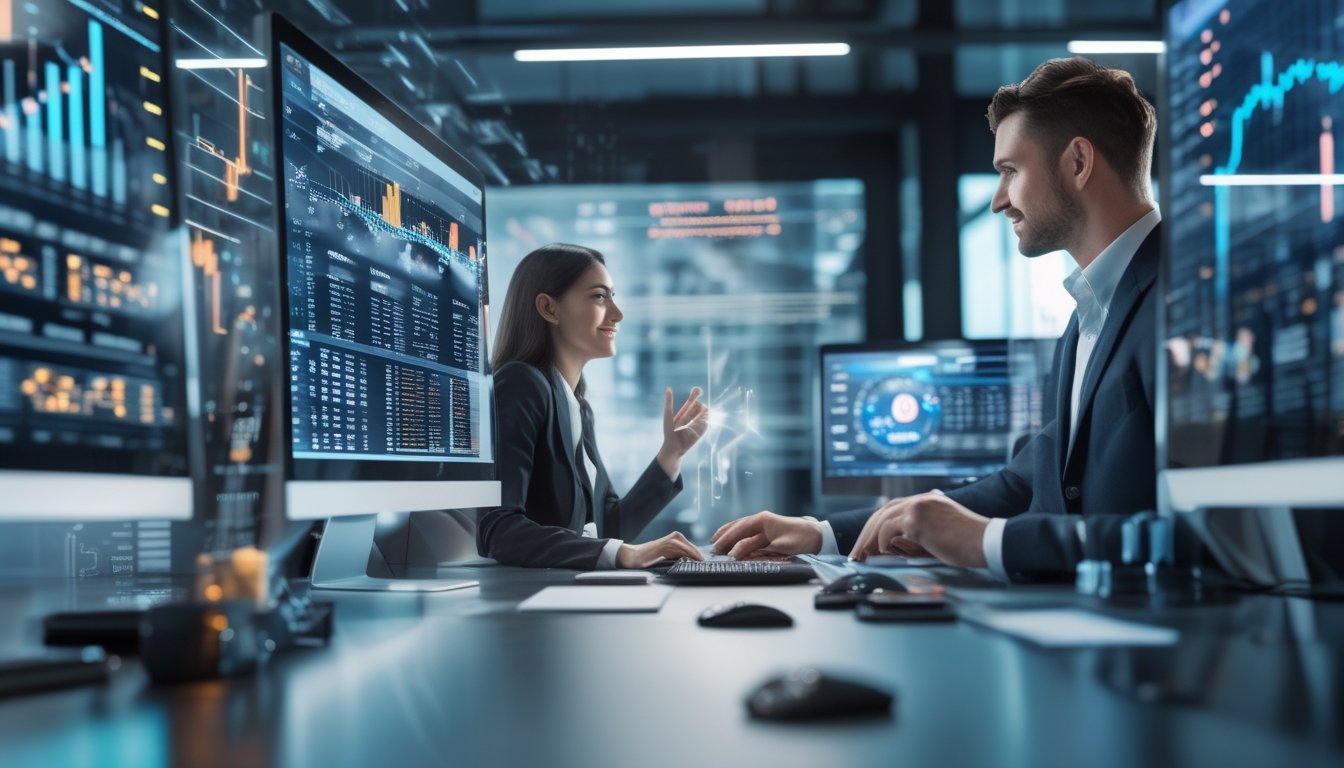Dua orang profesional sedang bekerja bersama di depan beberapa layar komputer dengan grafik dan data taruhan online.