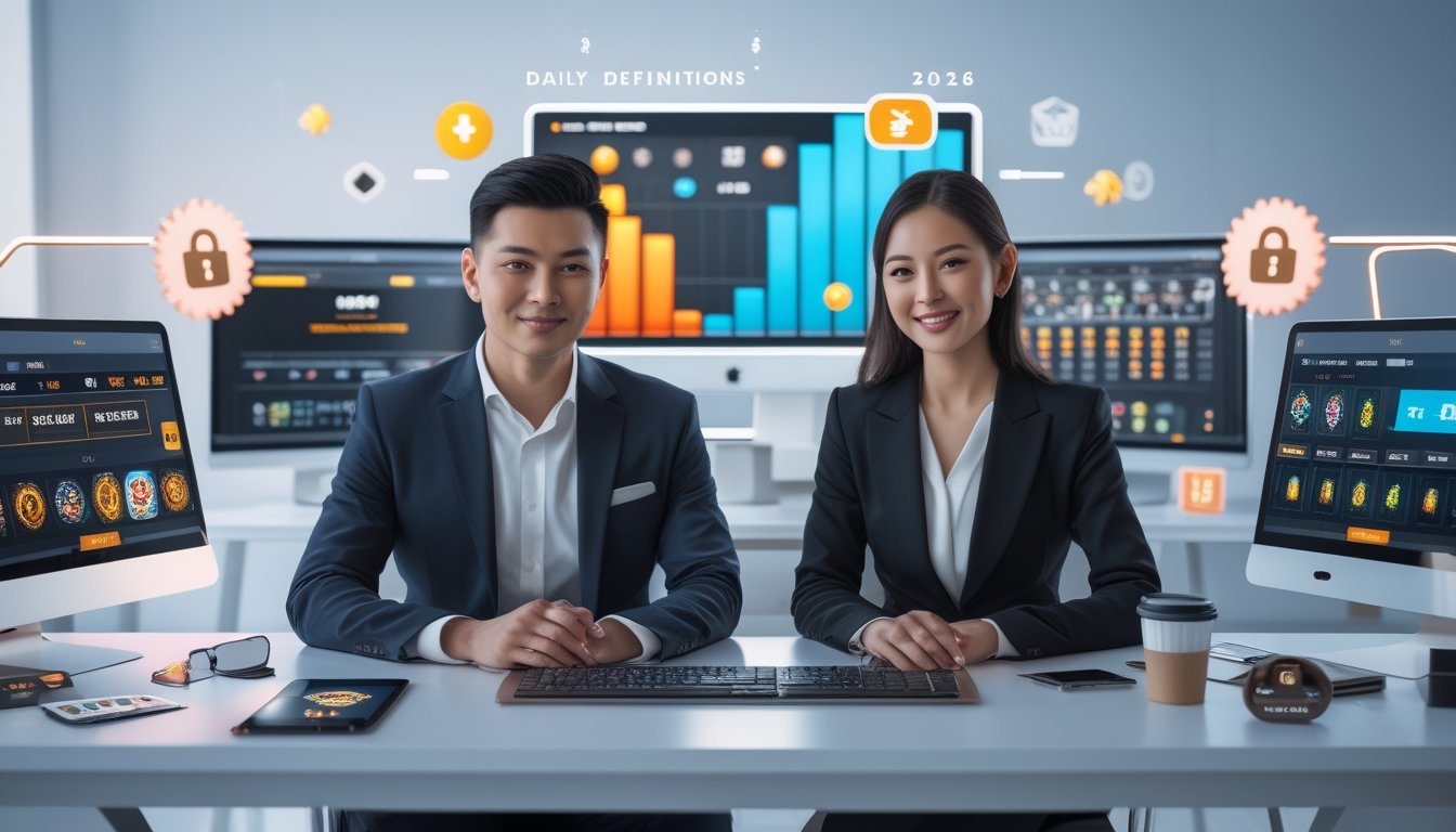 Dua orang profesional sedang menggunakan komputer dengan tampilan permainan taruhan online di layar, menunjukkan suasana kerja yang modern dan terpercaya.