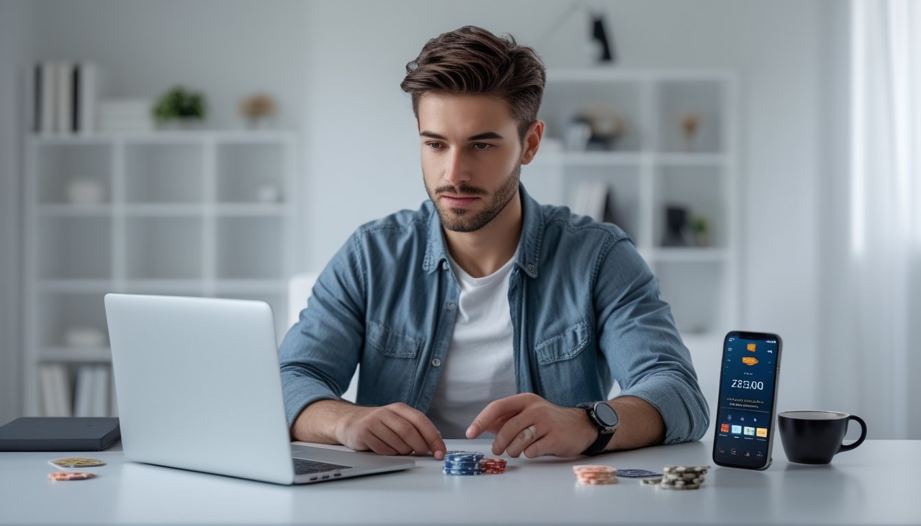 Seorang pria muda duduk di meja dengan laptop dan alat judi seperti chip dan kartu, terlihat fokus bermain judi online di ruang kerja yang rapi.
