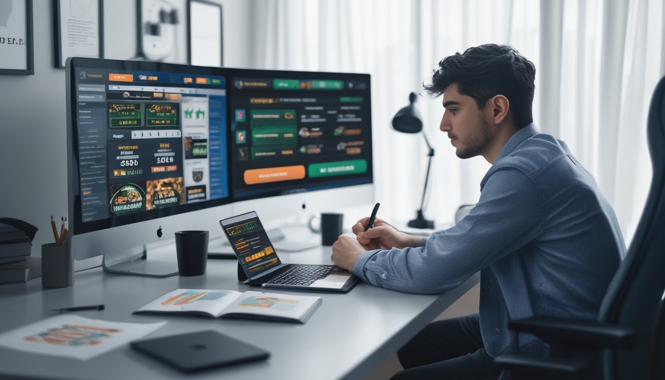 Seseorang duduk di meja kerja dengan beberapa layar komputer yang menampilkan permainan judi online, sambil mencatat dan fokus belajar.