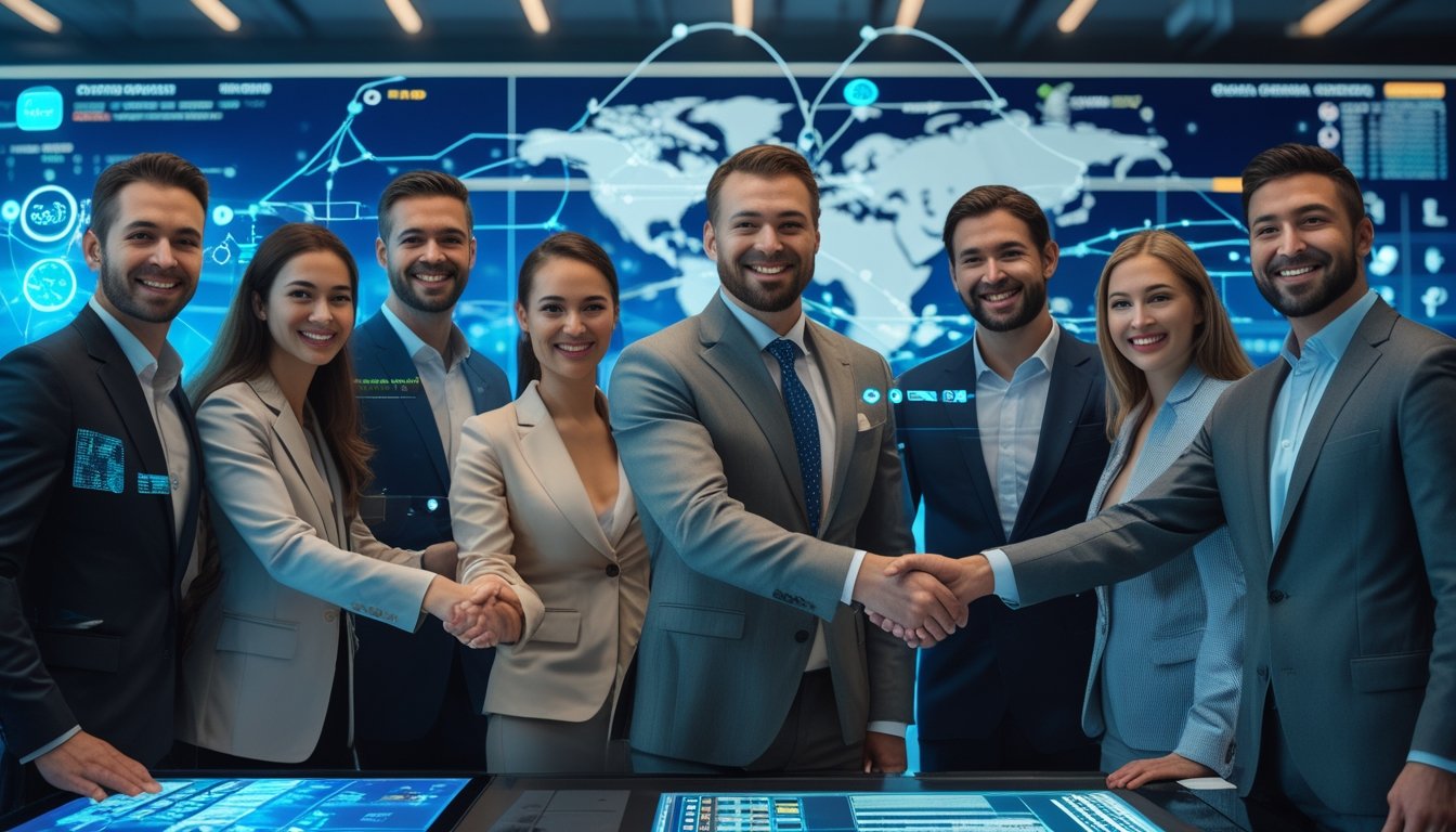 Sekelompok profesional bisnis yang percaya diri sedang merayakan keberhasilan di kantor modern dengan latar peta dunia dan elemen digital yang menunjukkan jaringan internasional.