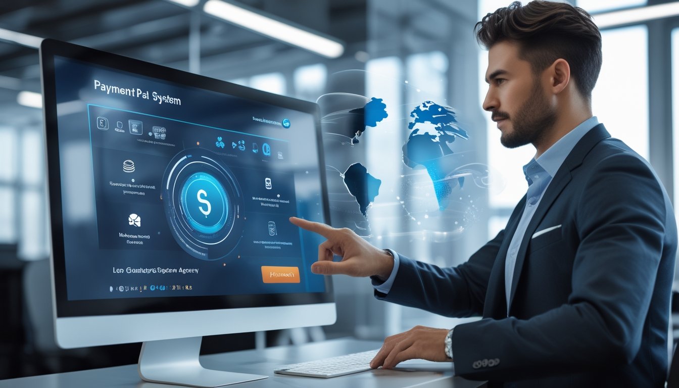 Seorang profesional bisnis menggunakan layar sentuh komputer yang menampilkan sistem pembayaran digital di kantor modern.