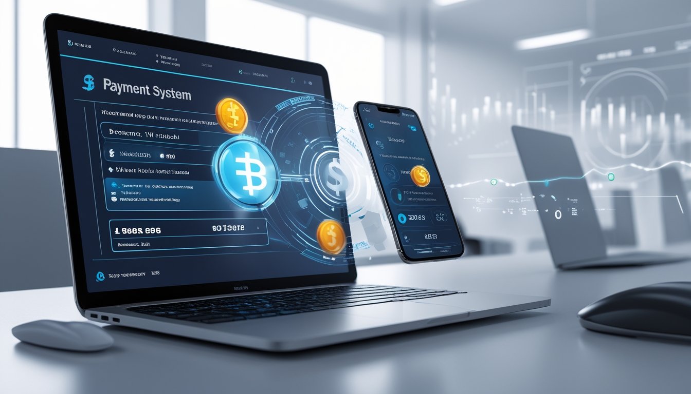 Seorang pengguna sedang melakukan pembayaran digital menggunakan laptop dan ponsel di lingkungan kantor modern dengan elemen grafis yang menggambarkan keamanan dan teknologi canggih.