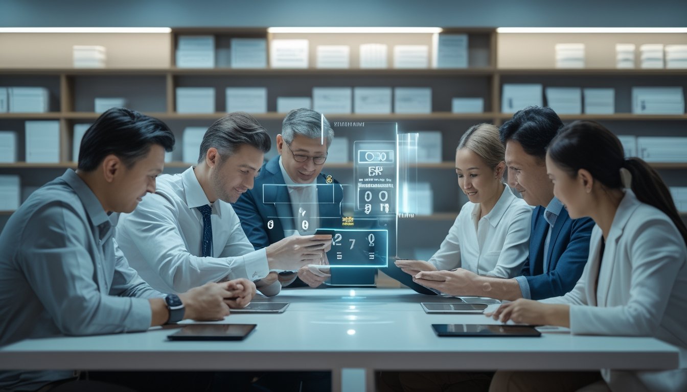 Beberapa orang dewasa sedang menggunakan perangkat digital di meja yang rapi untuk memasang taruhan togel dengan latar belakang rak dokumen yang teratur.