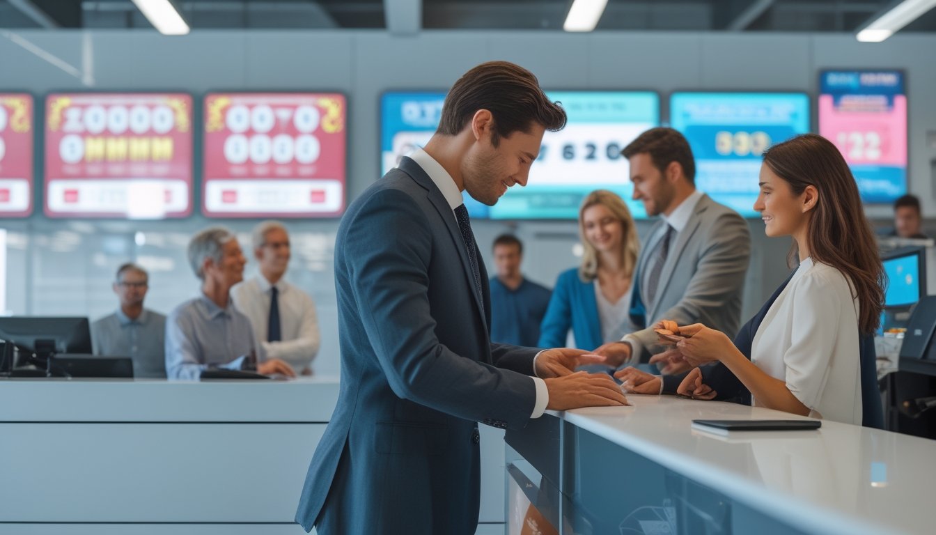 Seorang agen profesional membantu pelanggan di sebuah kantor agen togel yang modern dan terpercaya.