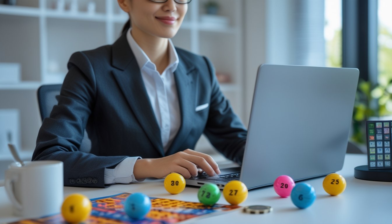 Seseorang duduk di meja dengan laptop, bermain permainan togel online dengan bola togel dan angka digital di sekitarnya.