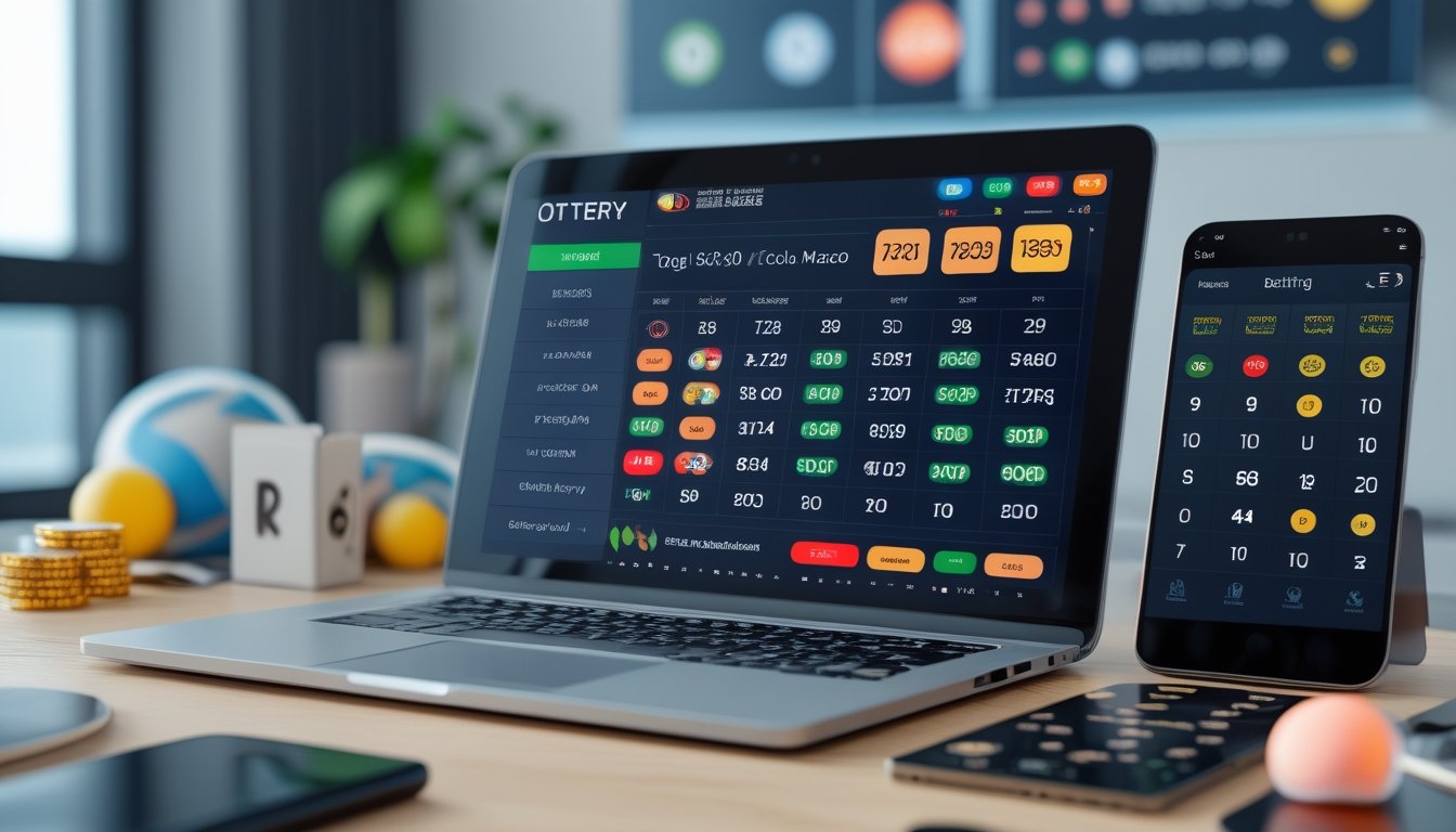 Meja kerja dengan laptop dan ponsel yang menampilkan permainan togel online, dikelilingi bola togel dan chip taruhan.