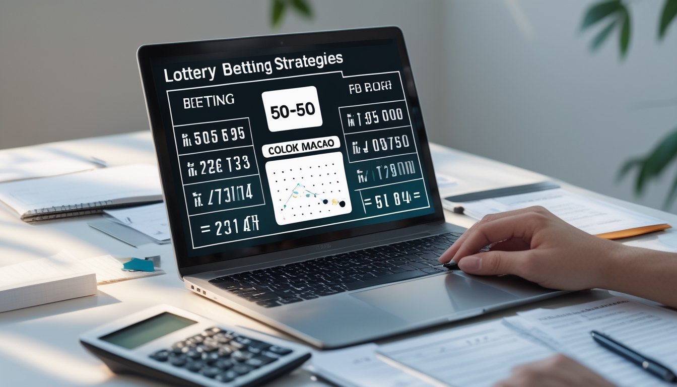Meja kerja dengan laptop yang menampilkan grafik dan angka terkait taruhan togel, dilengkapi dengan catatan, pena, dan kalkulator.