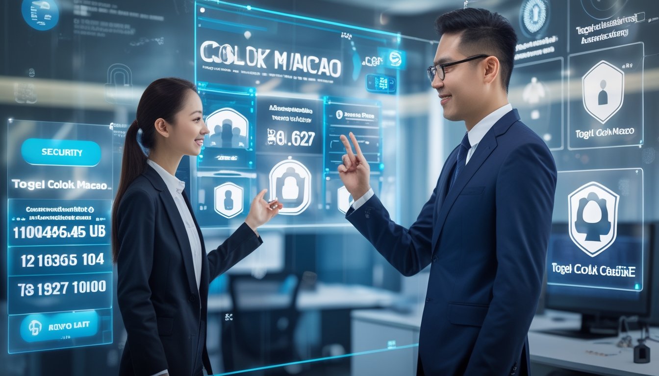 Seorang pria dan wanita Asia di kantor modern menggunakan layar digital dengan angka lotre dan simbol keamanan.