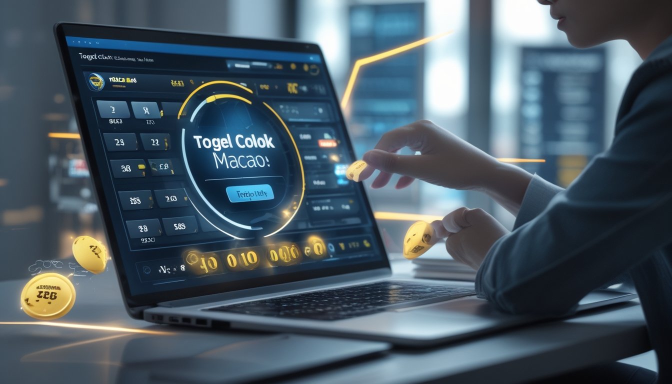 Seorang pria menggunakan komputer dengan tampilan permainan togel online, menunjukkan suasana taruhan yang aman dan profesional.