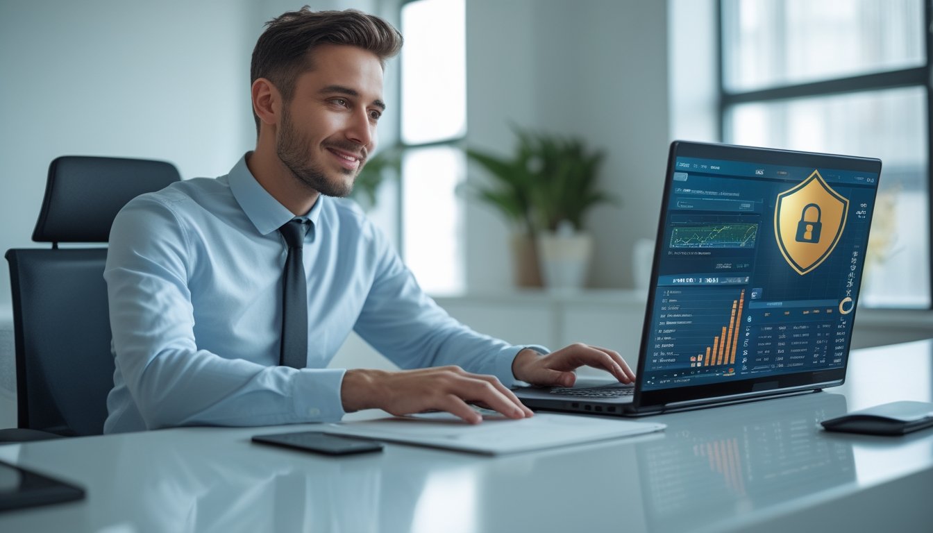 Seorang profesional bisnis duduk di meja kantor modern dengan laptop, fokus menganalisis data terkait permainan togel online dalam suasana kantor yang terang dan rapi.