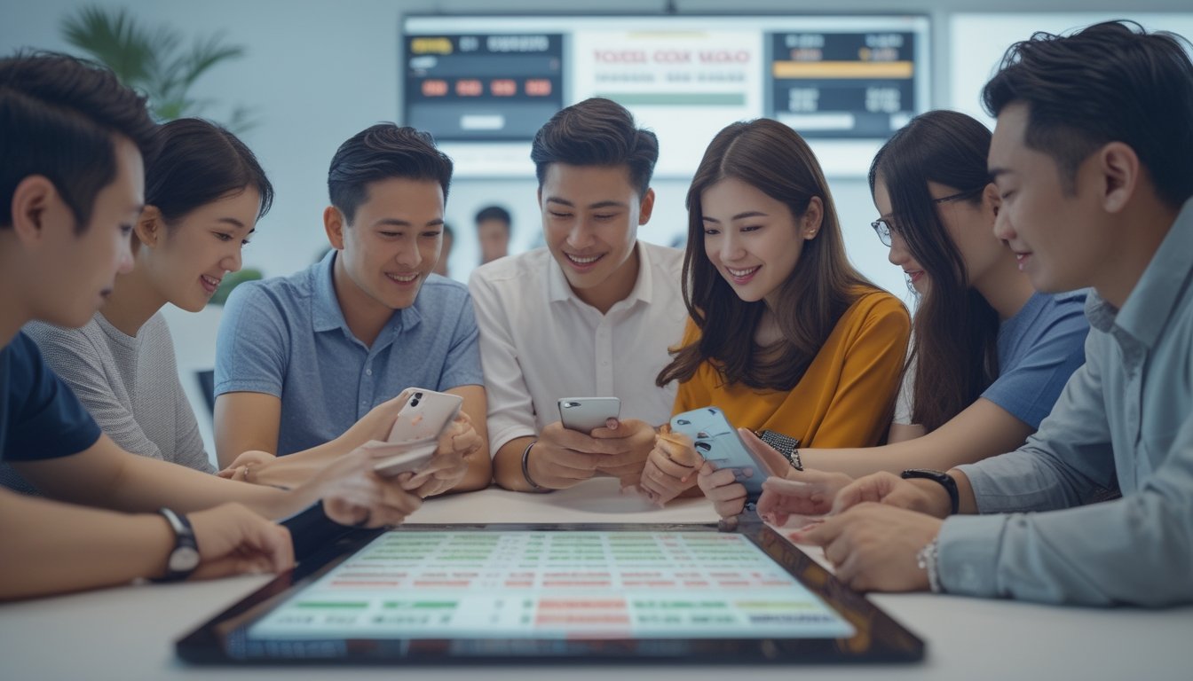 Beberapa orang sedang bermain permainan togel Colok Macao menggunakan perangkat digital di ruangan terang.
