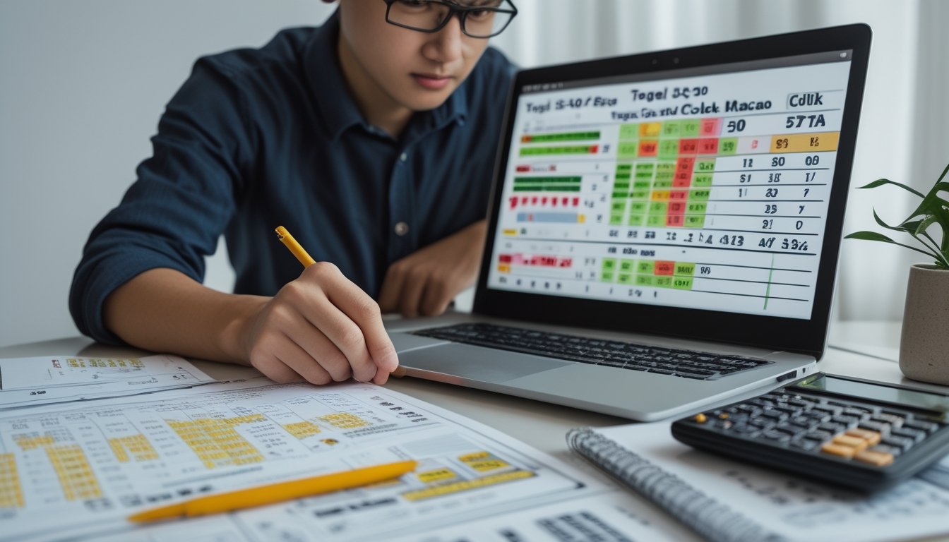 Seorang individu serius sedang menganalisis strategi togel dengan laptop dan dokumen di meja kerja.
