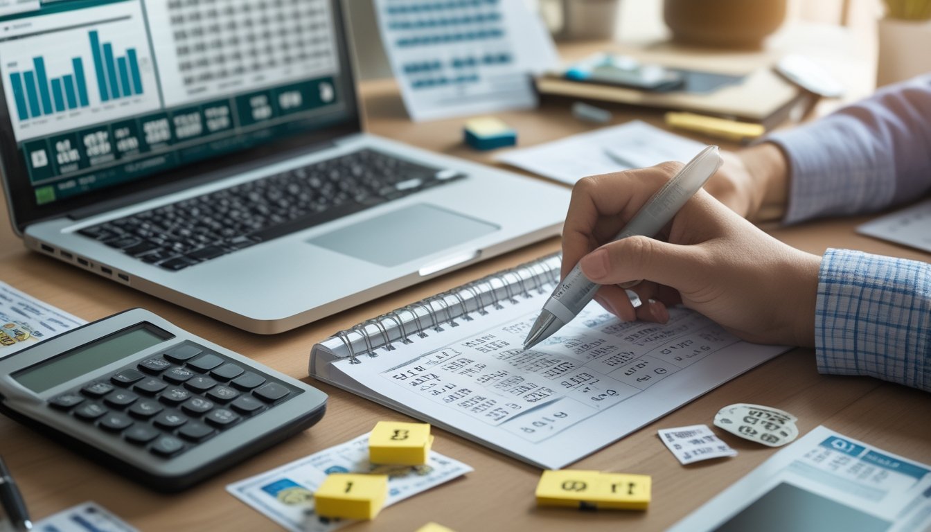 Seseorang sedang menganalisis tiket togel dan grafik statistik di meja kerja dengan laptop, kalkulator, dan catatan.