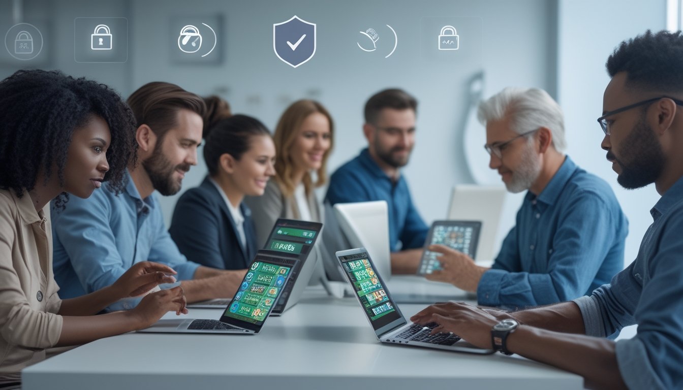 Beberapa orang menggunakan laptop dan ponsel di ruang kerja modern dengan simbol keamanan yang menunjukkan platform taruhan togel online yang aman dan terpercaya.
