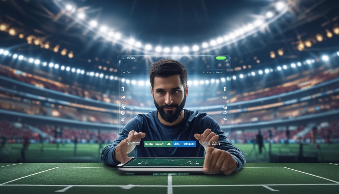 Seseorang menggunakan perangkat layar sentuh untuk memasang taruhan sepak bola dengan latar belakang stadion sepak bola yang terang dan ramai.