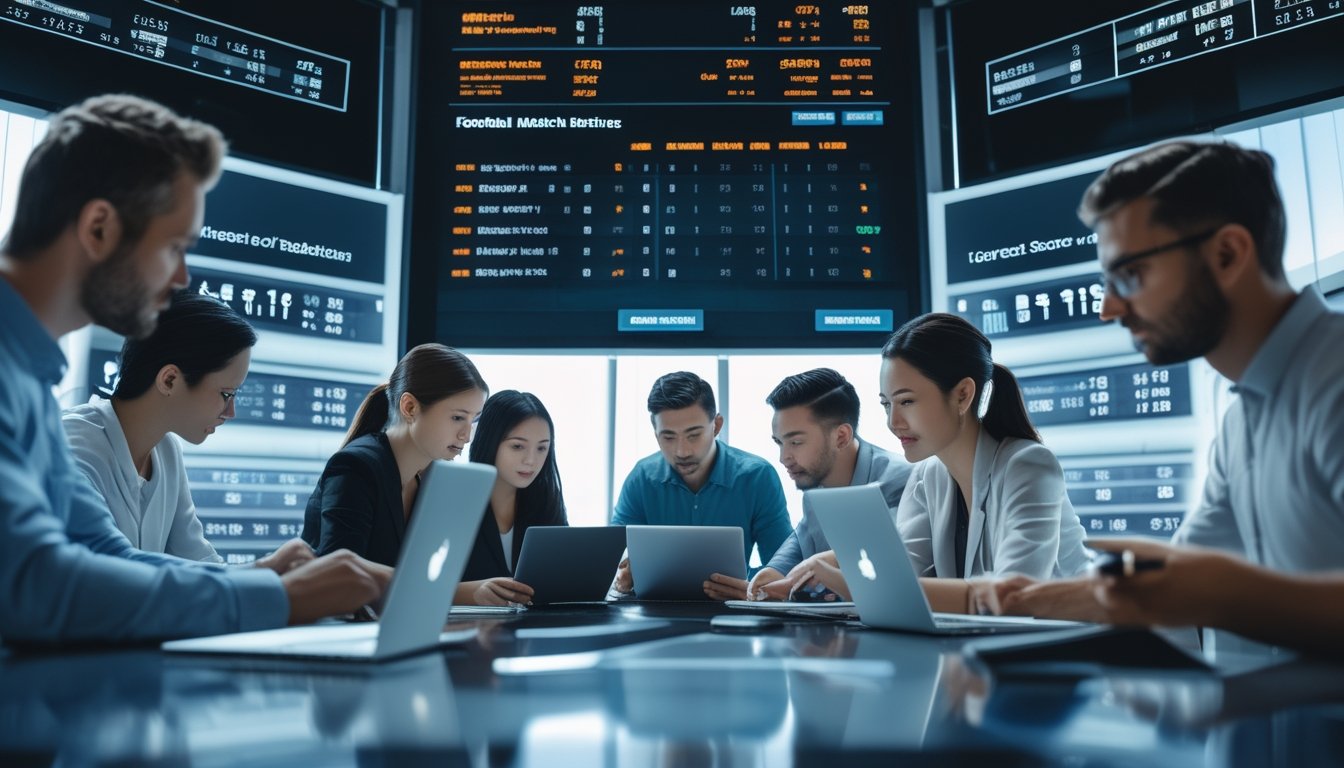 Orang-orang sedang melihat layar besar yang menampilkan statistik dan peluang taruhan sepak bola di sebuah ruang kantor modern.