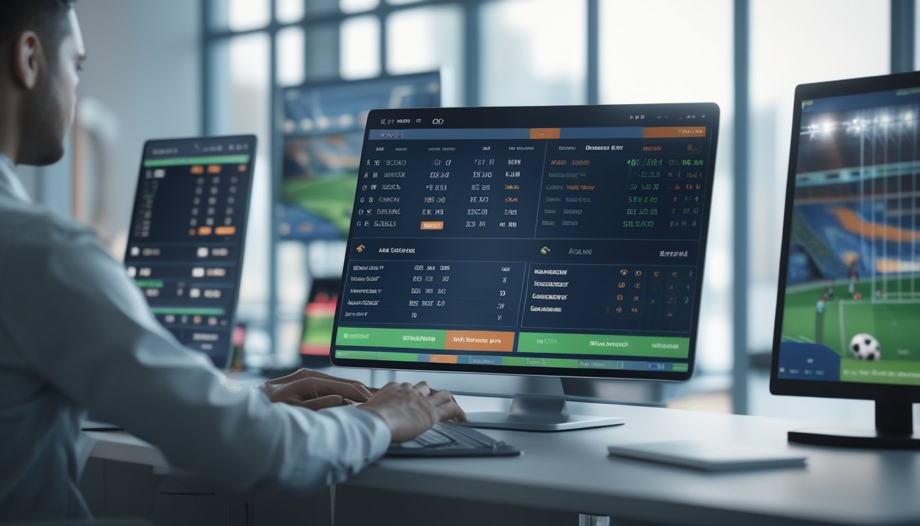 Seseorang sedang bekerja dengan beberapa layar yang menampilkan statistik dan skor pertandingan sepak bola, di ruang kerja modern yang terang dan profesional.