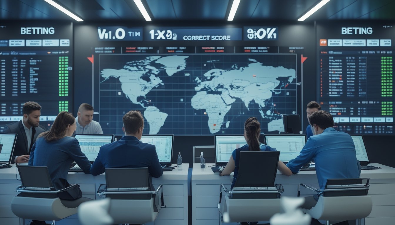 Sejumlah profesional sedang menganalisis data taruhan sepak bola di kantor modern dengan layar besar menampilkan skor pertandingan dan peluang taruhan.