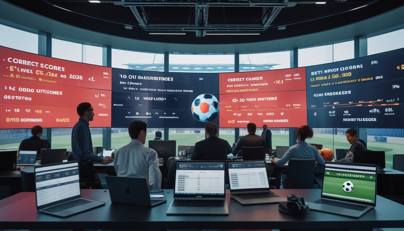 Orang-orang sedang menganalisis data taruhan sepak bola dan berdiskusi di ruang modern dengan layar digital besar menampilkan statistik pertandingan.